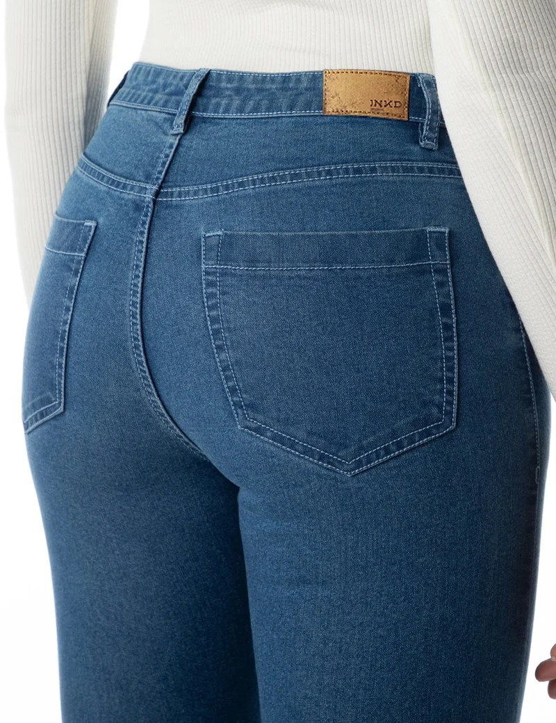 inkd Mid Blue Women's Flared Bootcut Jeans - High-Rise | Enzyme Wash | Classic 5 Pocket Styling | Jeans for Women for Women | Best Price UAE